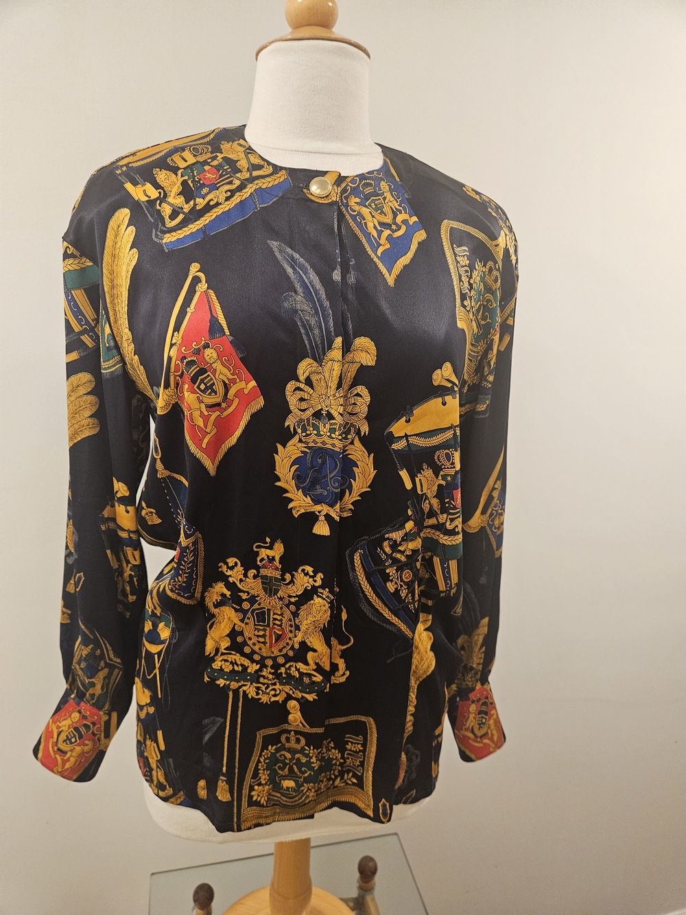 Vintage Escada Baroque Flag and Drum Print Silk Blouse size 34